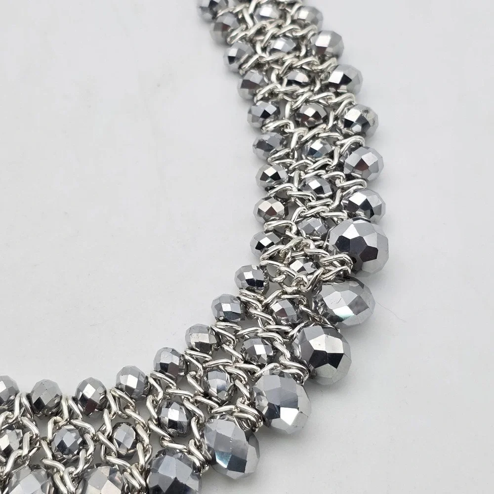 Vintage CHARMING CHARLIE Bib Collar Necklace Facet Glass Beads Gunmetal Gray 18